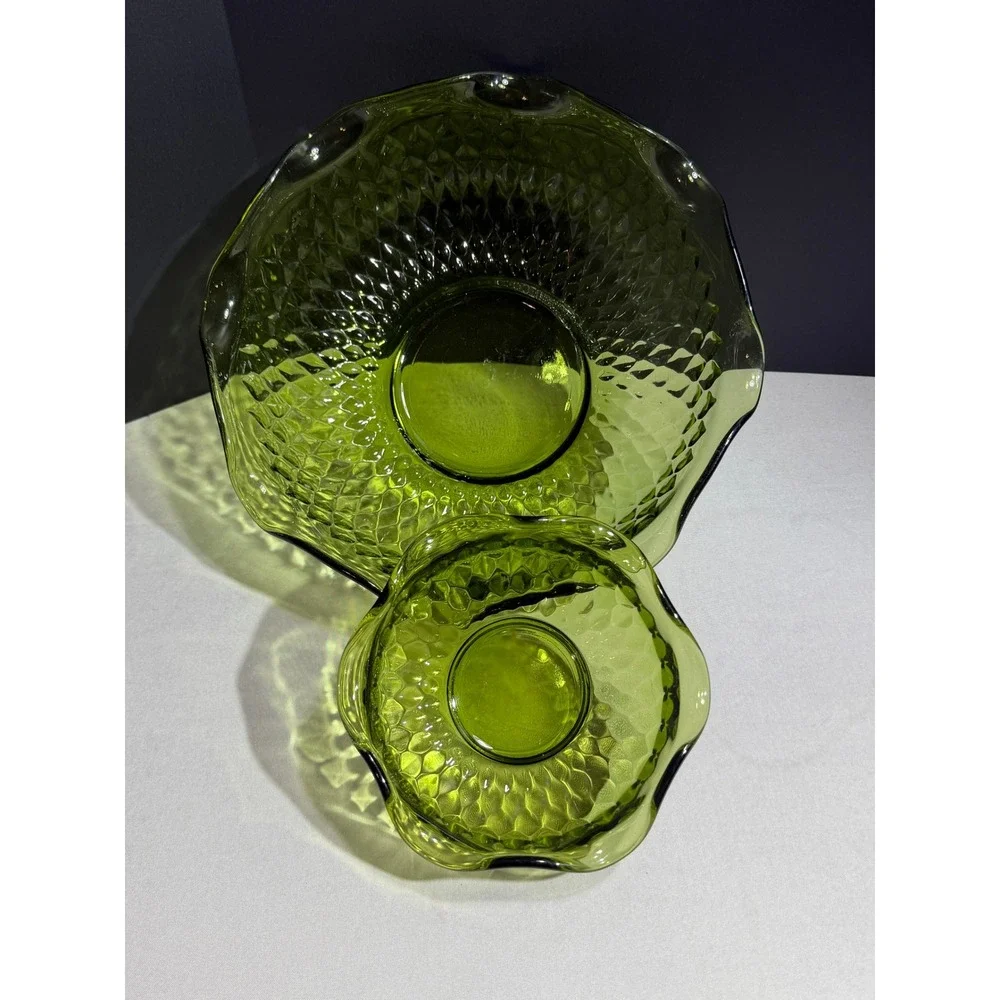Vintage Indiana Glass Avocado Green Diamond Point Ruffled Serving Bowl Set of 2